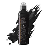 World Famous Tattoo Ink blackout bottle close-up shows bold black saturation for lining.