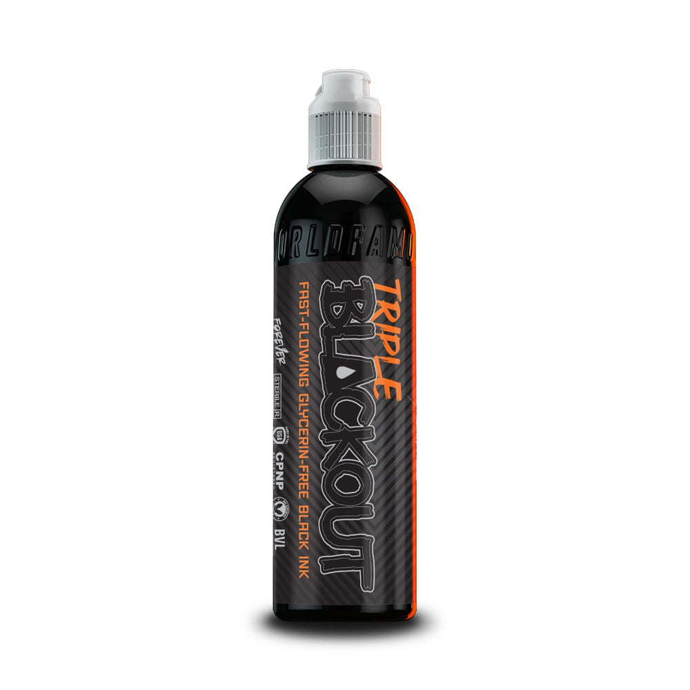 World Famous Tattoo Ink triple blackout bottle closeup for bold shading.