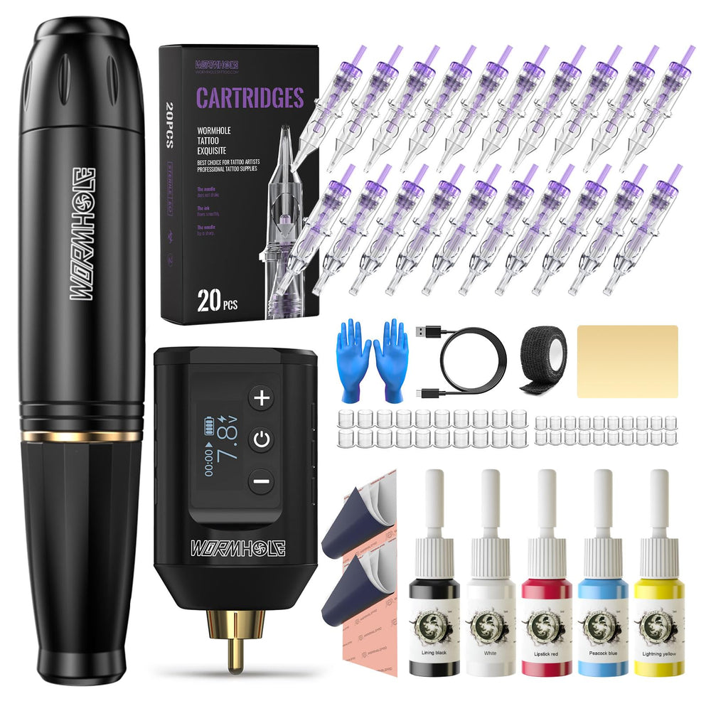 Wormhole Tattoo kit wireless gun LED display for precise, on-the-go tattooing control.