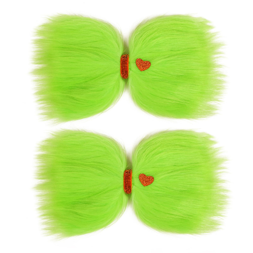WOVOWOVO green furry Christmas bow with red heart, ideal for festive photos.