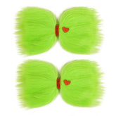WOVOWOVO green furry Christmas bow with red heart, ideal for festive photos.