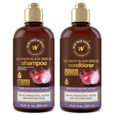WOW Skin Science red onion black seed shampoo bottle shows glossy, hydrated hair.