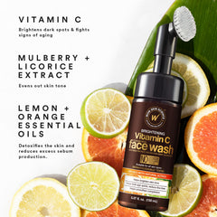 WOW Skin Science Vitamin C Face Wash & Brush bottle with product on vanity for daily routine.
