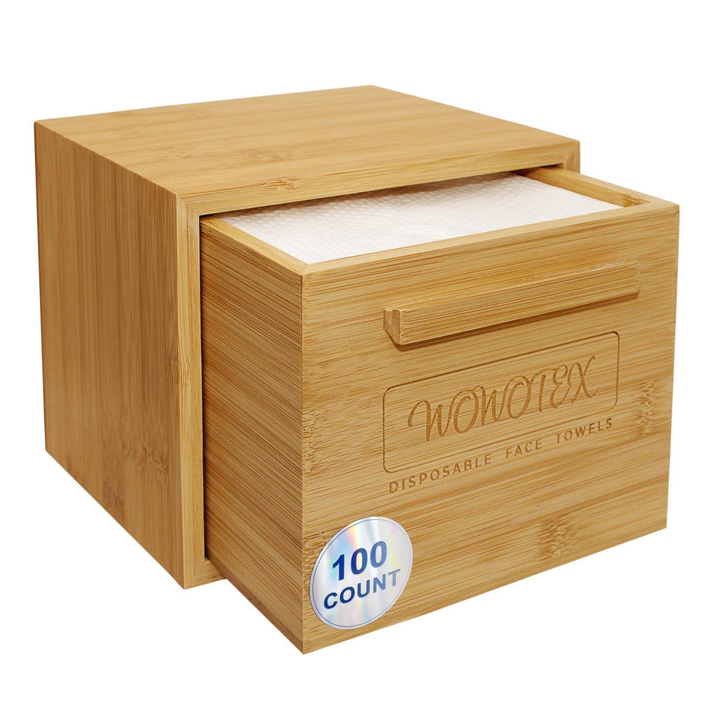 WOWOTEX Luxe bamboo towel container box shows premium storage for disposable towels.