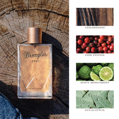 Wrangler 1947 cap closeup highlighting cedarwood note for rugged scent storytelling