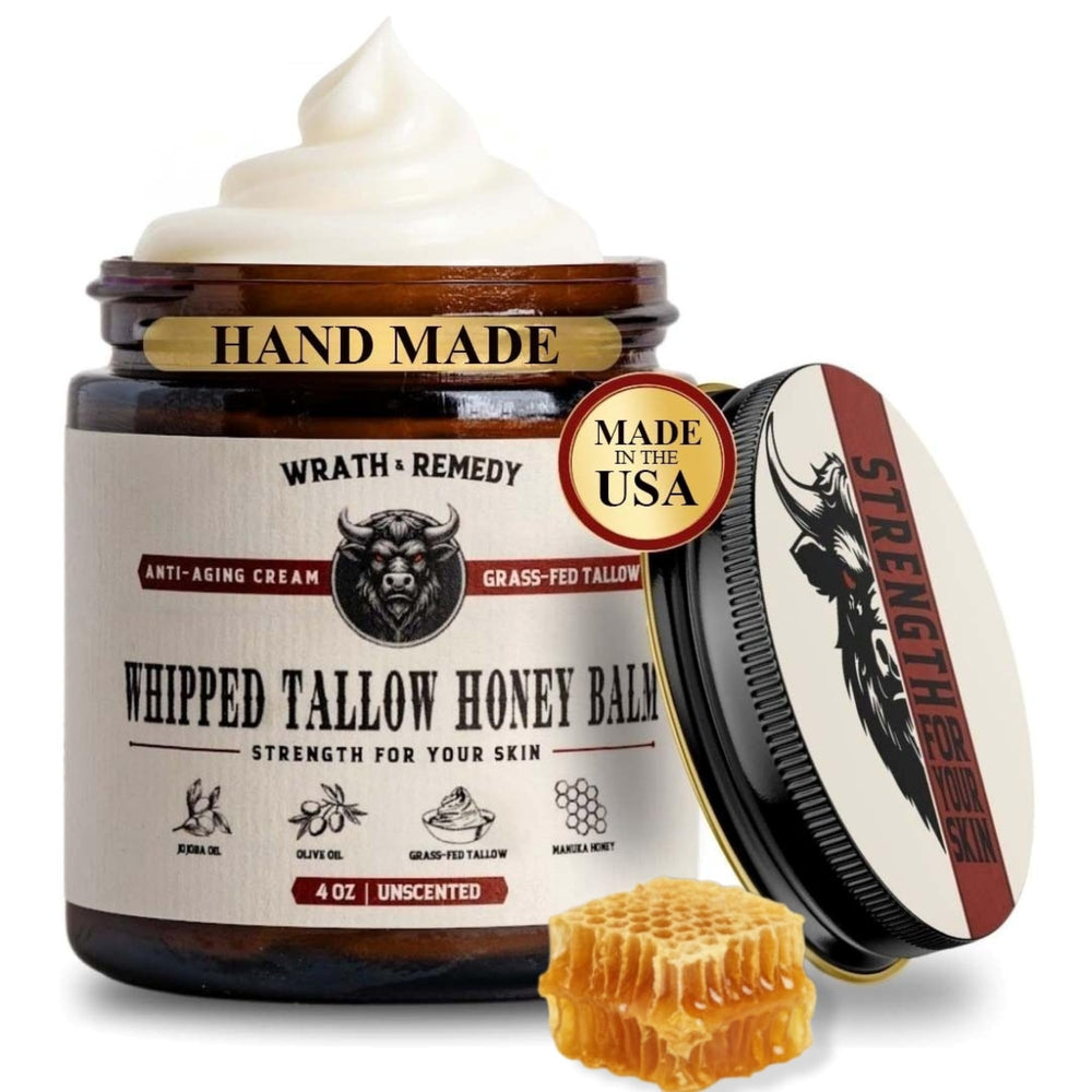 Wrath & Remedy whipped tallow honey balm jar for versatile face and body moisturizing