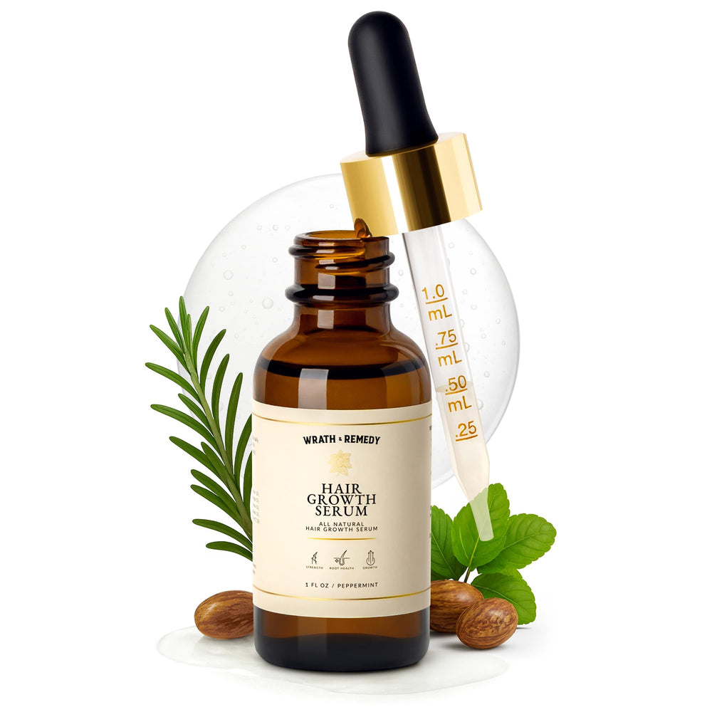 Wrath & Remedy Tricho10 bottle closeup highlights organic scalp care for healthier roots.