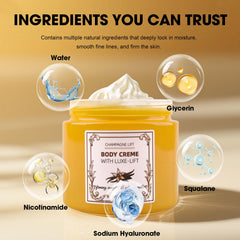 Xaninp Champagne Body Cream applied to hands for soft, moisturized skin