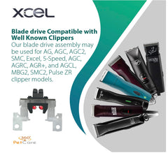 XCEL metal-bar detail emphasizes rugged construction and stable drive for heavy fur.