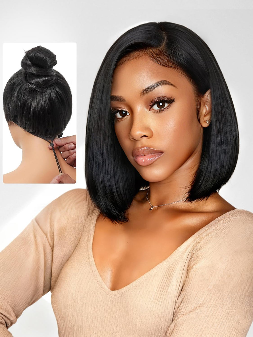 Xinjiju bob glueless wig cap close-up showing breathable cap for comfortable daily wear