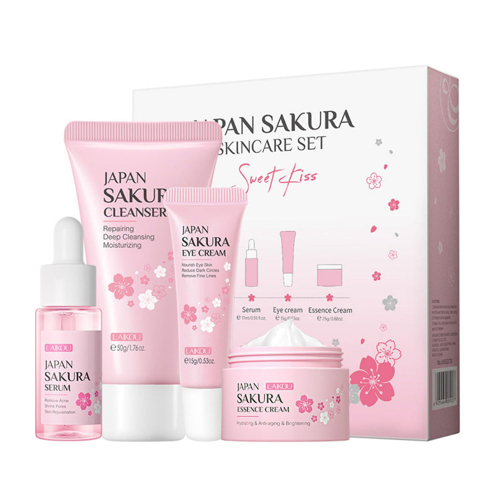 XJBD Travel Skincare Kit Sakura Cleanser pump highlights gentle cleansing with 24-hour hydration.