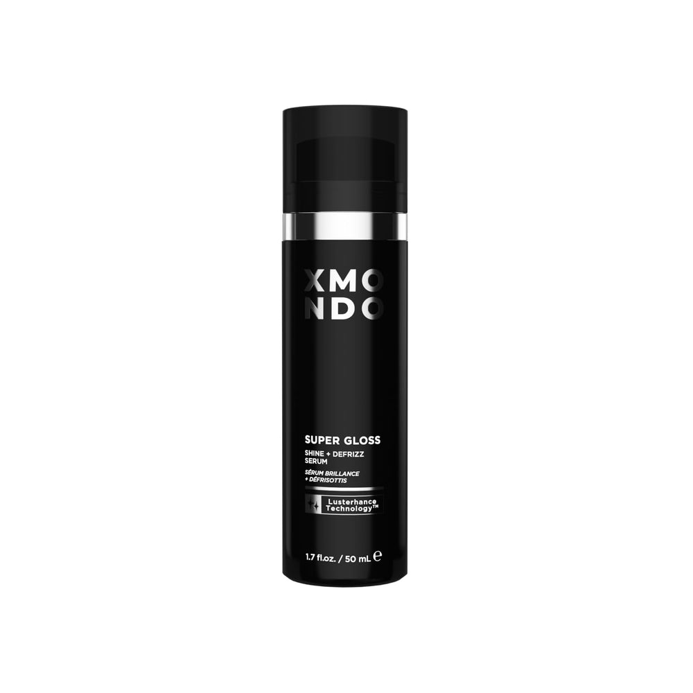 XMONDO Hair Super Gloss Serum bottle closeup showing high shine