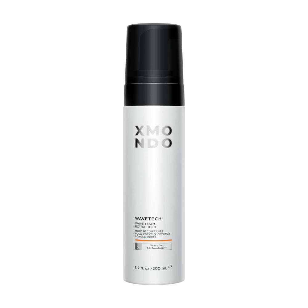 XMONDO Wave Tech Extra Hold Foam bottle shows lasting wave hold and anti-frizz benefit