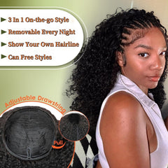 XNAIRA half wig drawstring cap shows glue-free, scalp-friendly installation.