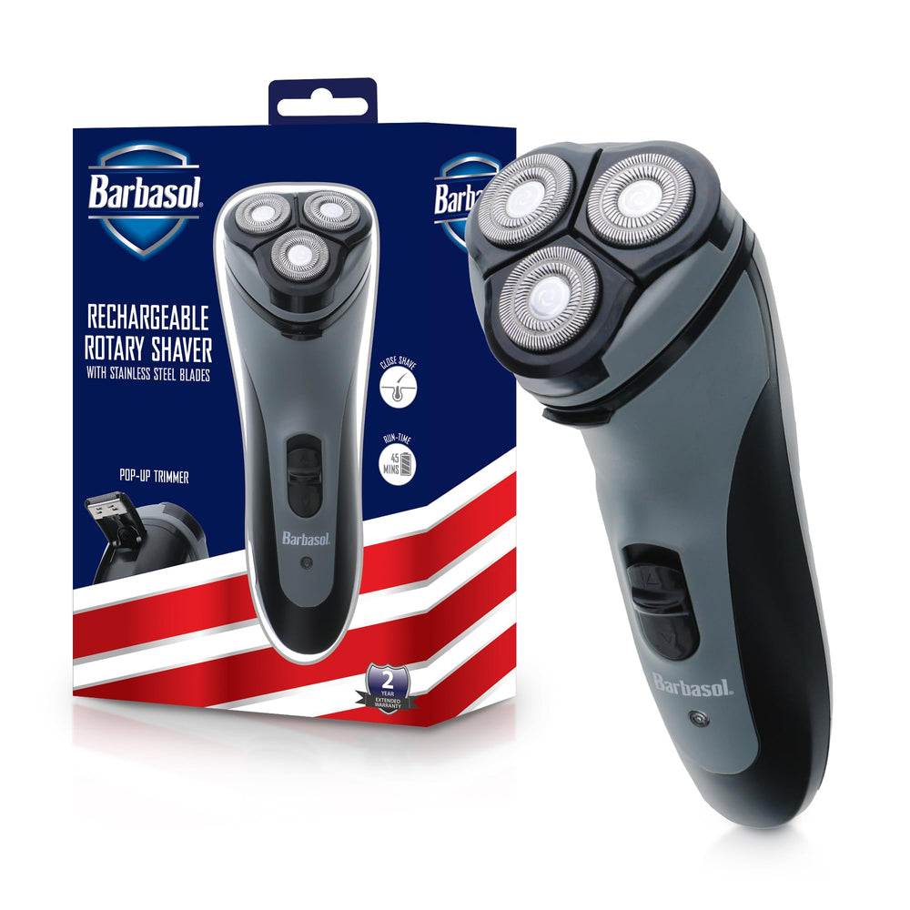 XTREME Barbasol rotary shaver close-up of stainless steel blades delivering a smooth shave.