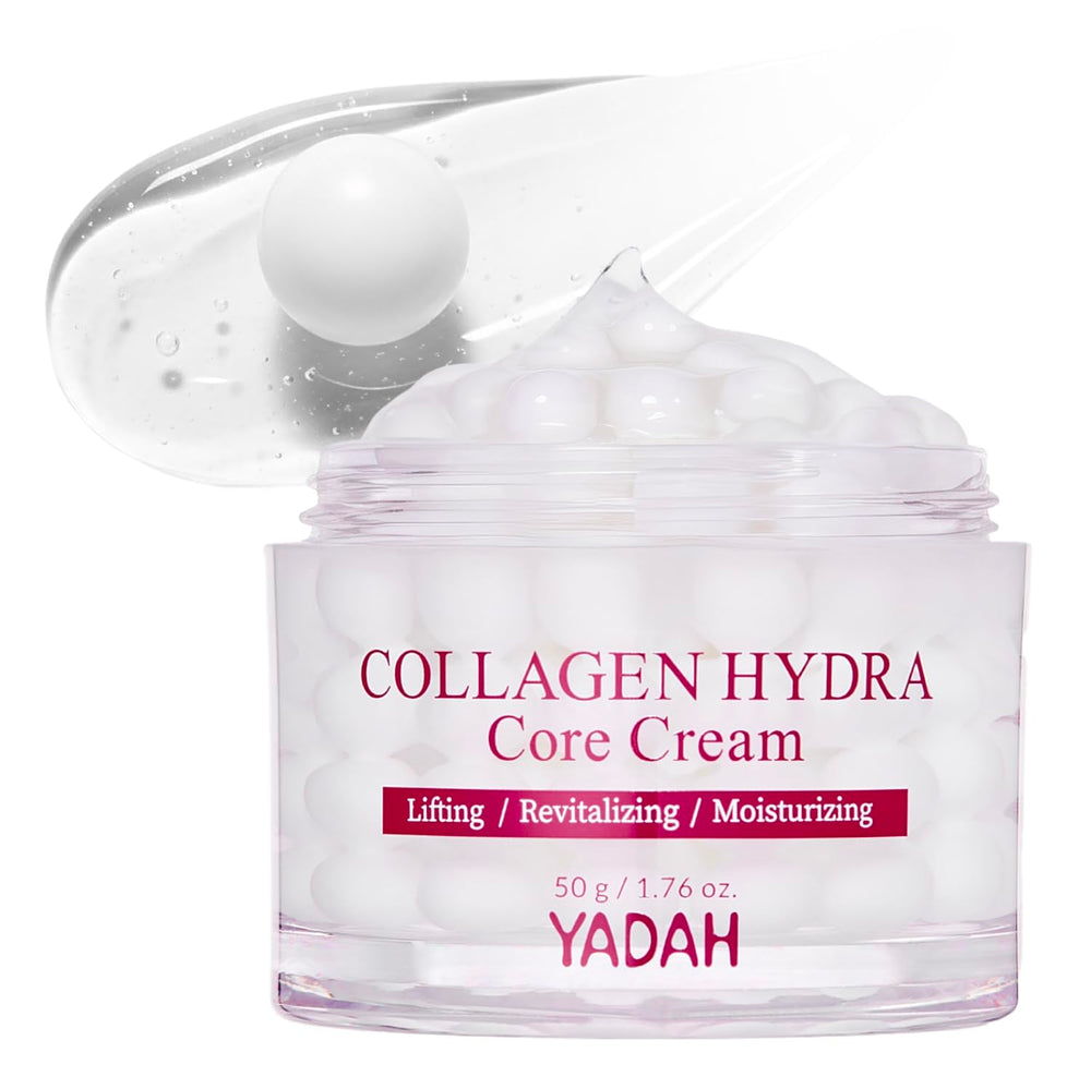 YADAH Collagen Hydra Core Cream jar closeup shows rich texture for deep hydration.