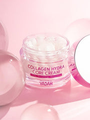 YADAH Collagen Hydra Core Cream open jar reveals creamy formula ideal for daily moisturization.