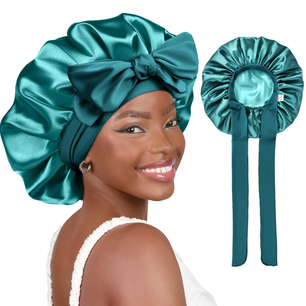YANIBEST adjustable satin bonnet with tie-band protects hair while sleeping.