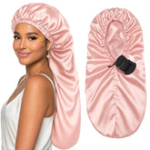 YANIBEST long bonnet pink on bed for gentle hair protection while resting