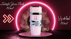 Yara Pink Eau De Parfum bottle close-up highlights sleek glass and soft glow for date-night scent.