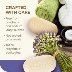 Yardley London English Lavender soap bar texture closeup shows silky, moisturizing skin feel.