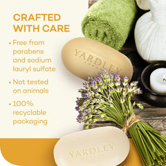 Yardley London Moisturizing Bar Oatmeal & Almond on a wooden bathroom shelf