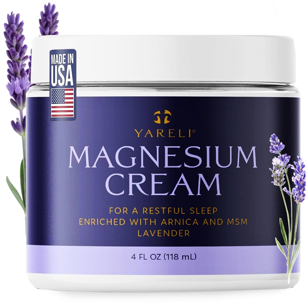 YARELI magnesium cream tub closeup showing fast-acting muscle support