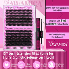 Yawamica fluffier lash clusters kit contents including bonds and remover for easy styling.