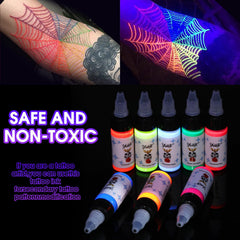 Ybeauty tattoo ink set purple fluorescent enhances neon under UV light.