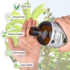 YBHMO castor oil glass bottle closeup highlights hexane-free purity