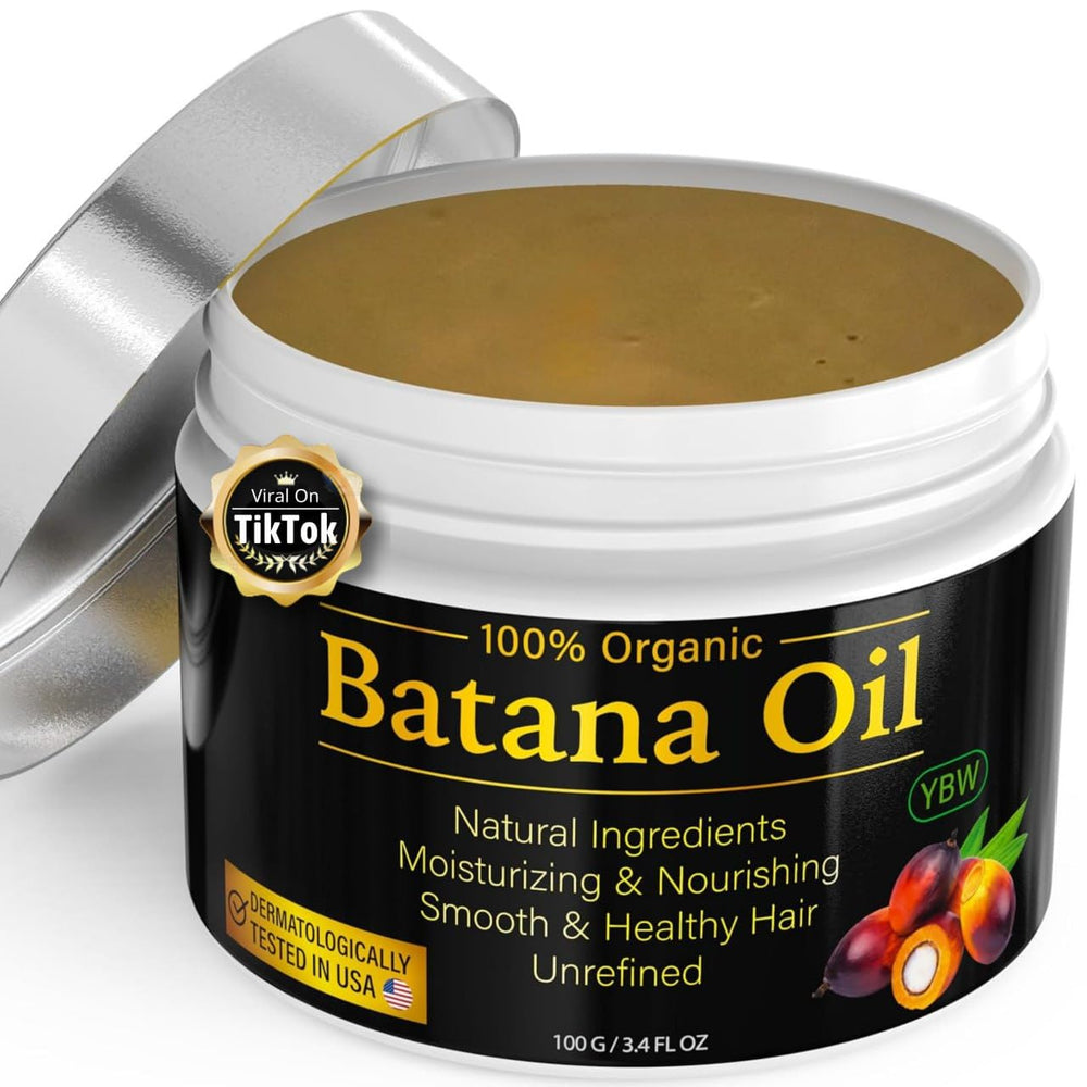 YBW Batana Oil bottle close-up shows pure formula for hair nourishment.