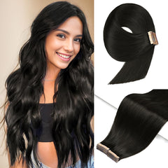 YDDM tape-in extensions 14-inch natural black close-up shows seamless, real-human-hair texture for natural-looking volume