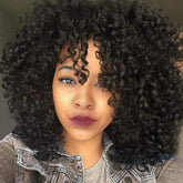 YEAME curly wig natural black bangs closeup shows soft texture for daily wear