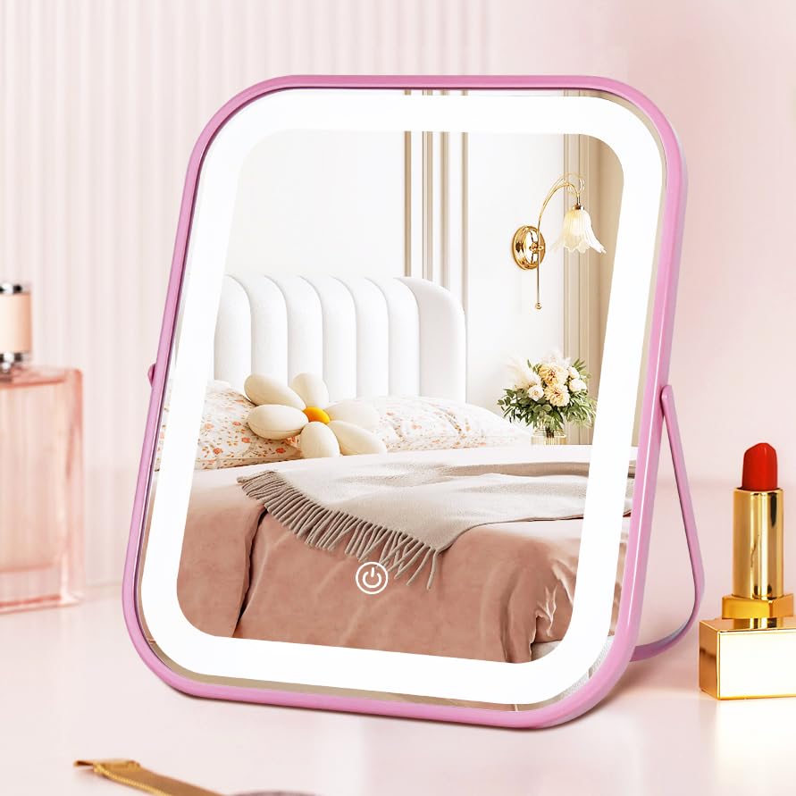 YEKKOPT pink rechargeable vanity mirror with lights on desk for precise makeup