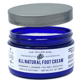 The Yellow Bird Tea Tree Foot Cream bottle highlighting natural hydration for dry feet.