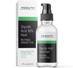 YEOUTH glycolic acid peel bottle closeup for at-home exfoliation and refreshed skin.