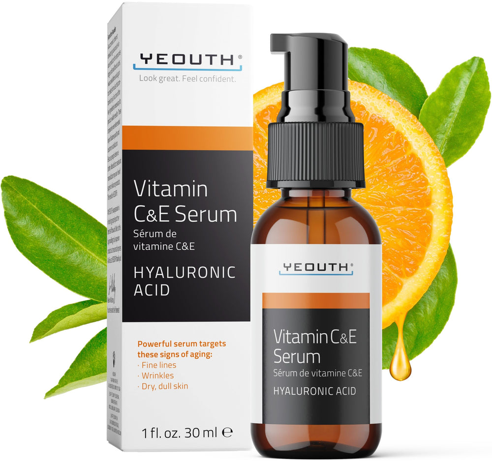 YEOUTH Vitamin C Serum bottle with pump demonstrates hydrating formula for daily use.