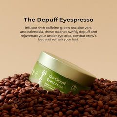 Yepoda Depuff Eyespresso jar closeup emphasizing glass packaging and patch preservation