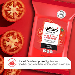 Yes To Tomatoes wipes close-up of ingredients highlighting salicylic acid and tomato extract.