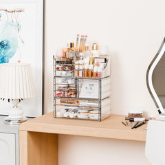 Yieach 3-pack clear makeup organizer stackable drawers highlighting modular storage