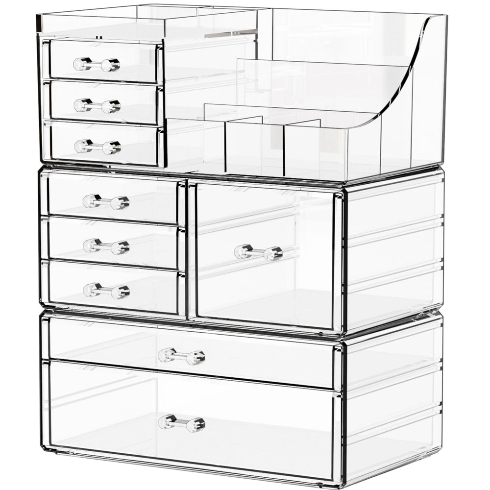 Yieach 3-pack clear makeup organizer top view showing stacked drawers for quick access