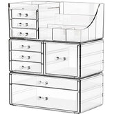 Yieach 3-pack clear makeup organizer top view showing stacked drawers for quick access
