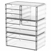 Yieach clear storage drawers 10-drawer stackable system on vanity for quick cosmetics access.