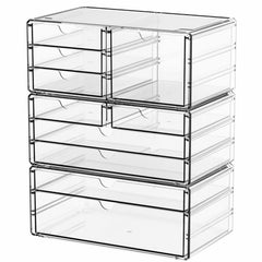 Yieach clear storage drawers 10-drawer stackable system on vanity for quick cosmetics access.
