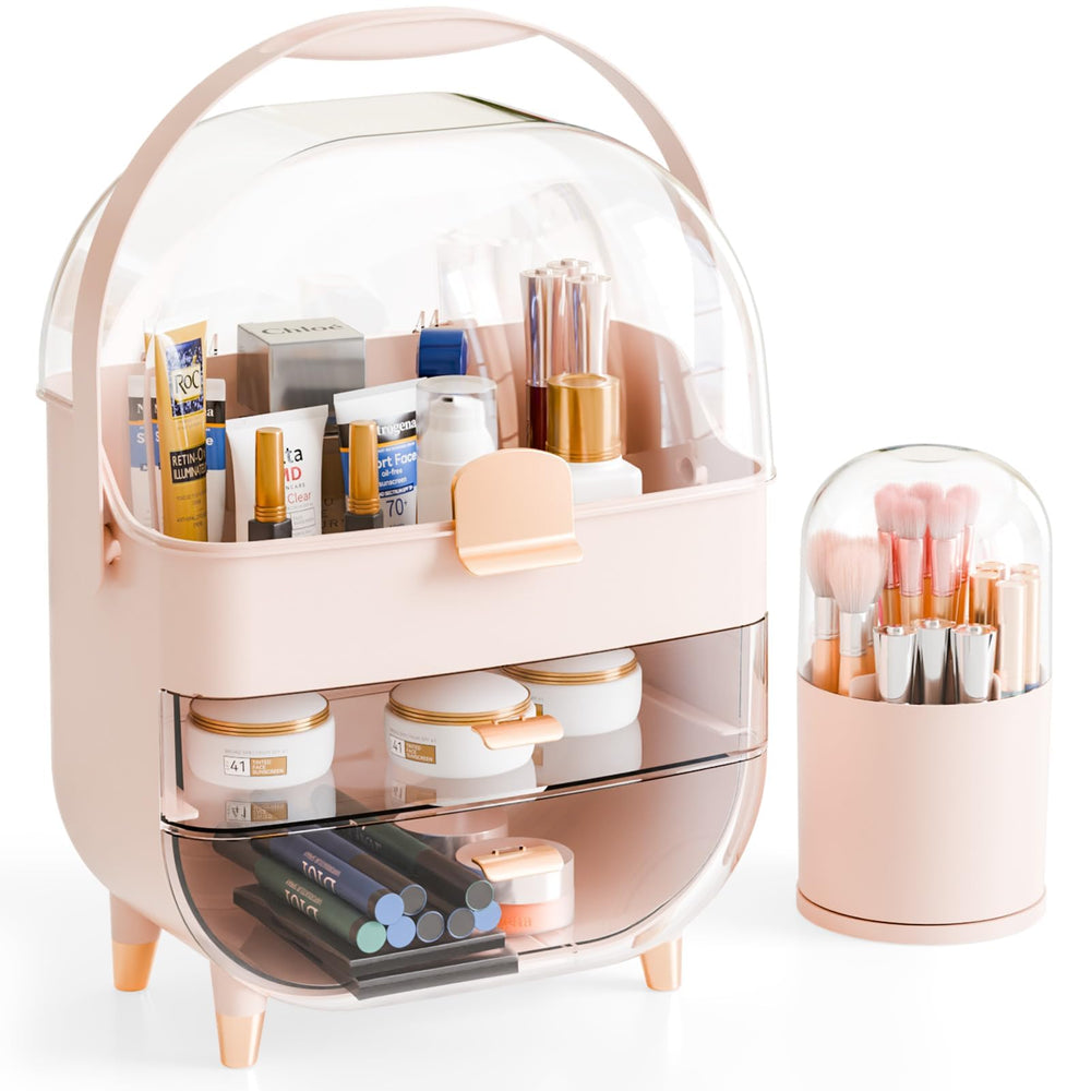 Yieach cosmetic display case with clear pink cover for organized vanity storage.