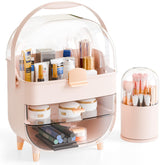 Yieach cosmetic display case with clear pink cover for organized vanity storage.