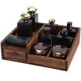 YIOJOYD Cologne organizer wood stand neatly displays bottles on a vanity.