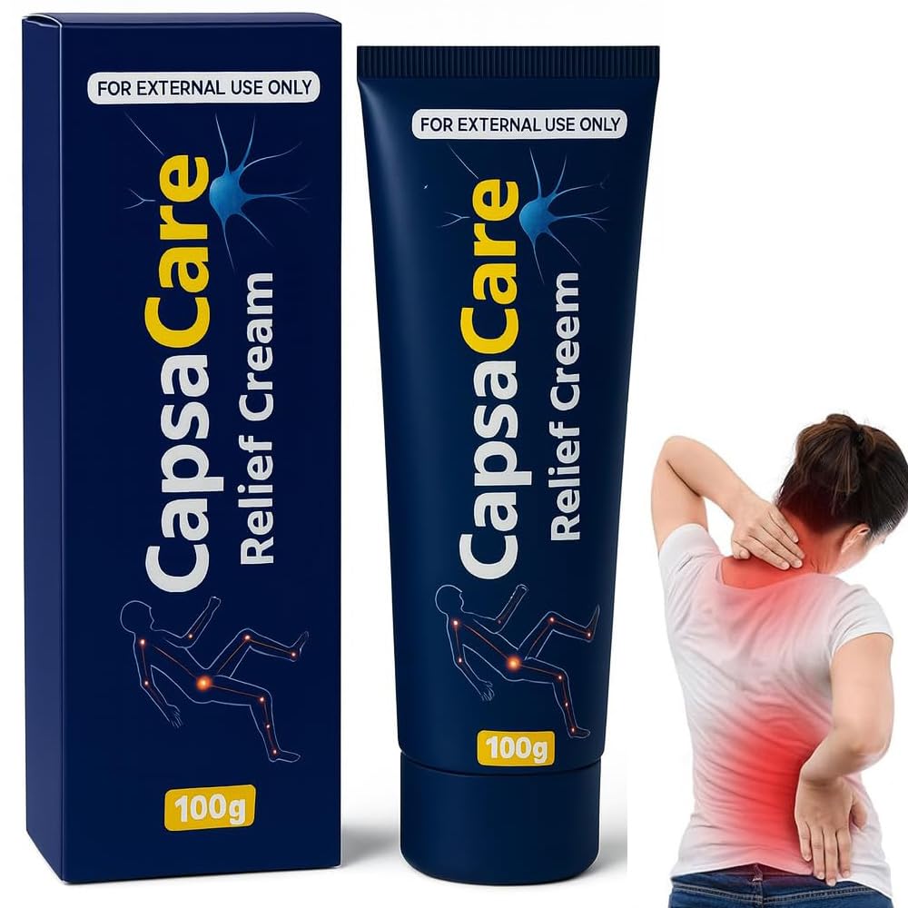 Ylahdent Capsacare Relief Cream bottle close-up showing odorless, quick-absorbing relief for daily use.