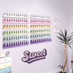 YMVV 15-inch nail polish rack display highlights capacity for 66-90 bottles