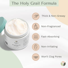 Cream texture close-up shows light, fast-absorbing moisture for face and body.